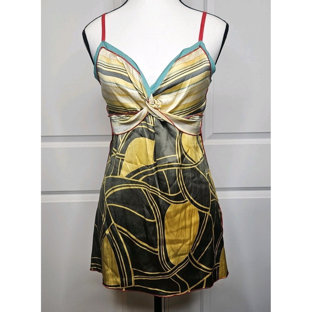 A Common Thread Silk Blend Abstract Geometric‎ Twist Front Camisole Top Med Y2K